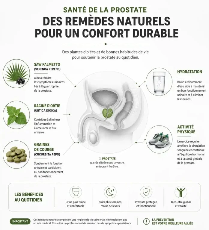 Infographie sur les remèdes naturels et habitudes de vie pour la santé de la prostate