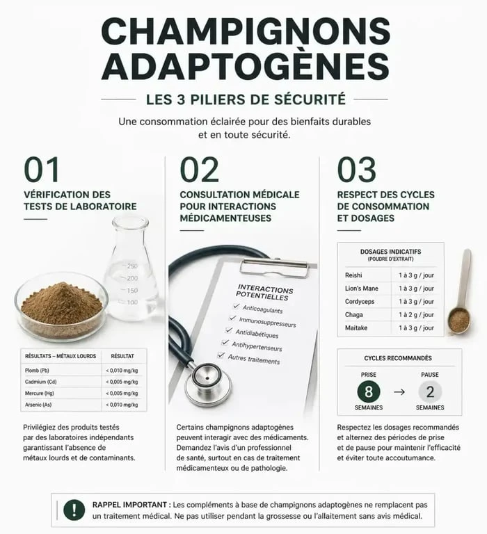 Infographie sur la sécurité et les précautions liées aux champignons adaptogènes