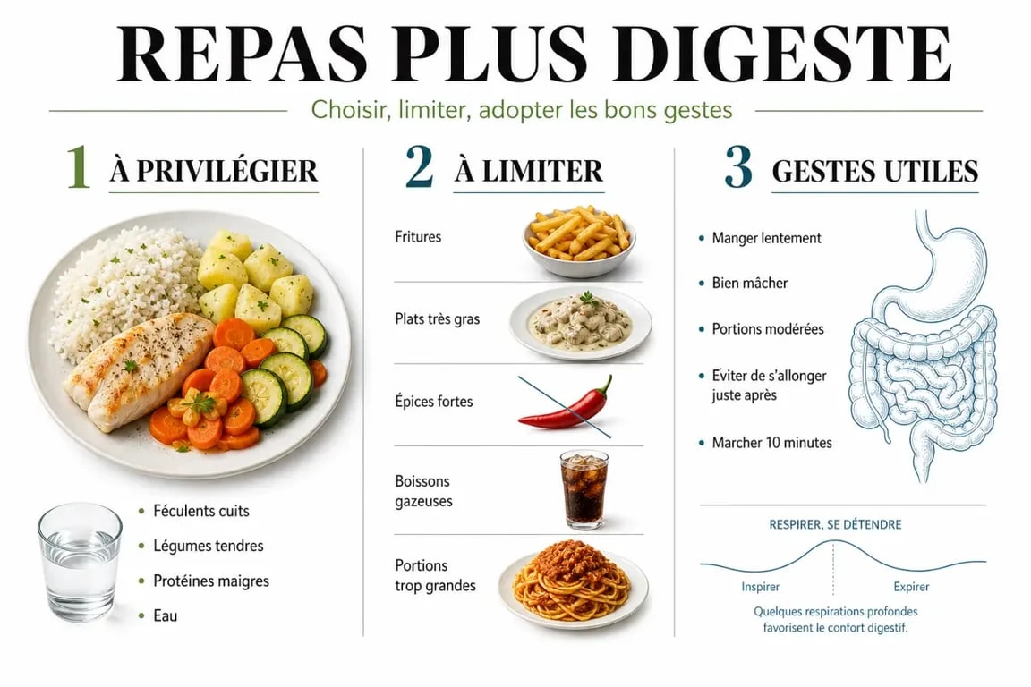 Aliments faciles a digerer : visuel éditorial montrant les aliments à privilégier, à limiter et les gestes pour un repas plus digeste
