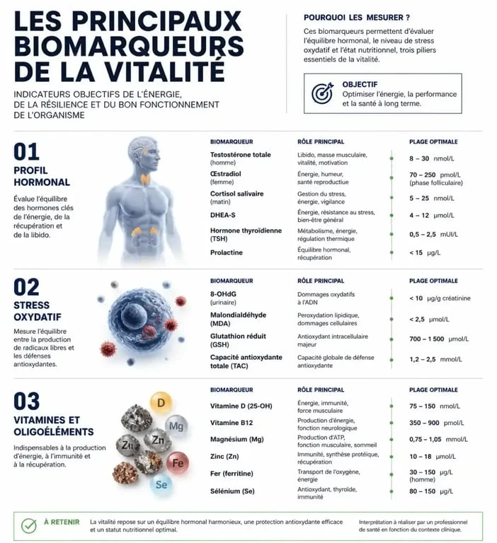 Infographie des biomarqueurs pour un bilan anti-âge et vitalité