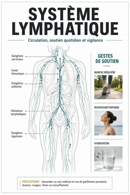 Plante pour nettoyer la lymphe : schéma du système lymphatique et des gestes de drainage