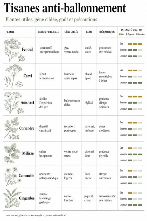 Tisane anti ballonnement efficace : comparaison visuelle des plantes les plus utiles et de leurs usages