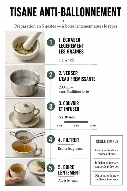 Tisane anti ballonnement efficace : préparation d'une infusion avec dosage et temps d'infusion