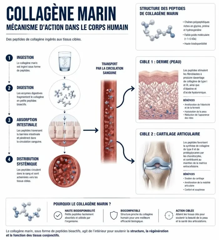 Schéma explicatif des bienfaits du collagène marin AM Nutrition sur la peau et les articulations