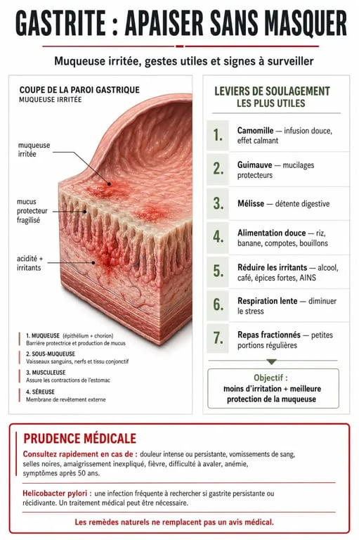 Infographie sur la gastrite remèdes naturels, les causes, les aliments à privilégier et les précautions à connaître