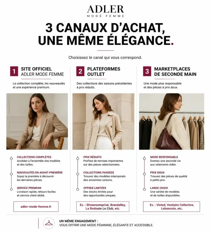 Schéma explicatif des canaux d'achat pour la mode femme Adler : site officiel, outlets et plateformes de seconde main.