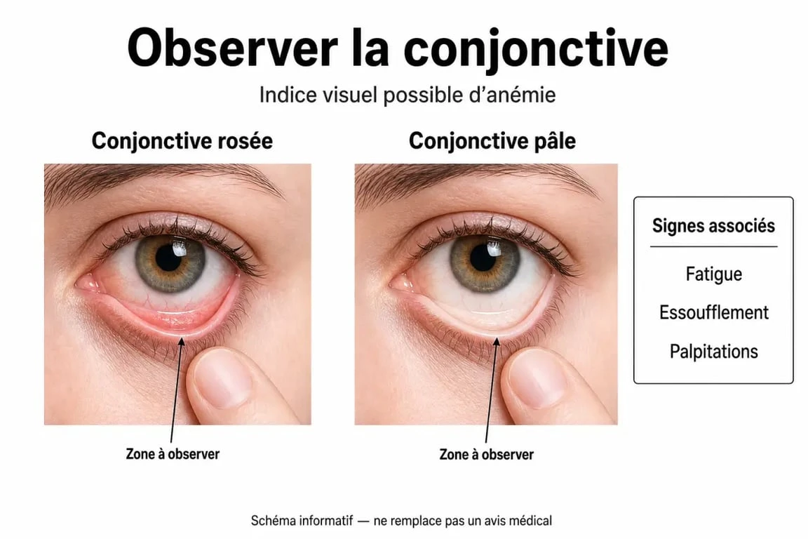 Paupière fer signe anémie yeux : schéma de la paupière inférieure montrant une conjonctive pâle à observer