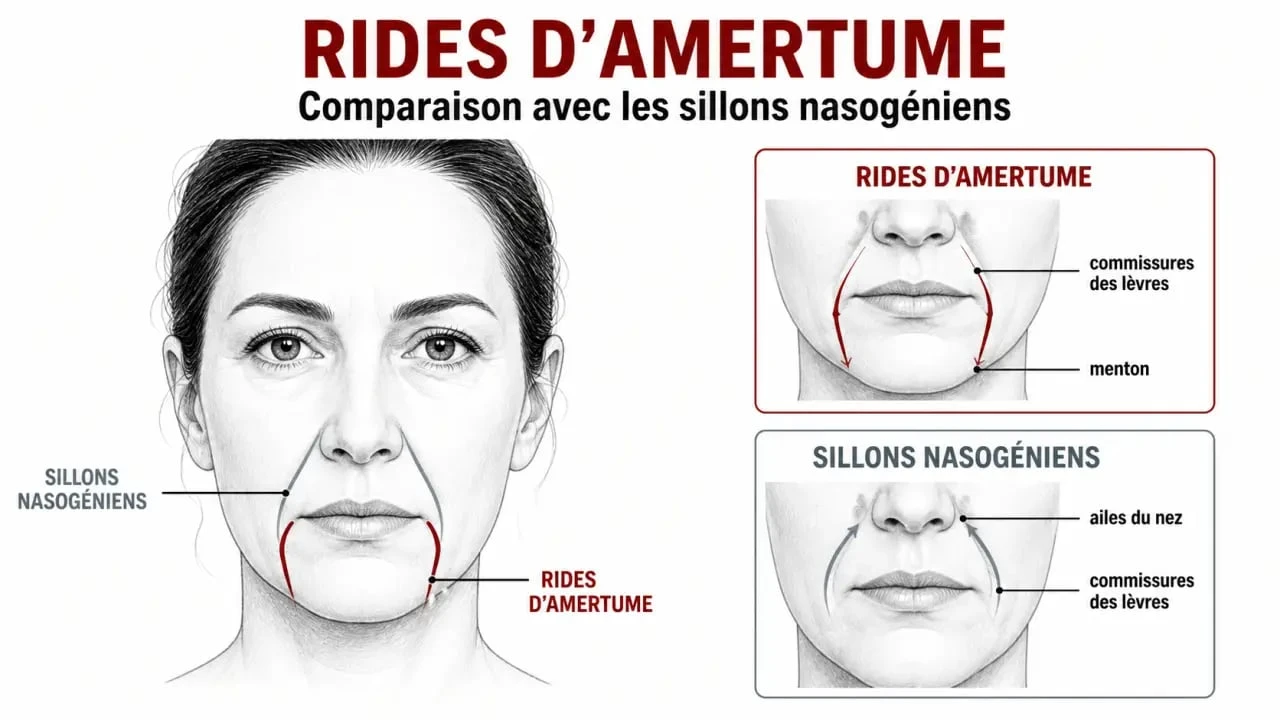 Schéma des rides d’amertume sur un visage avec comparaison aux sillons nasogéniens