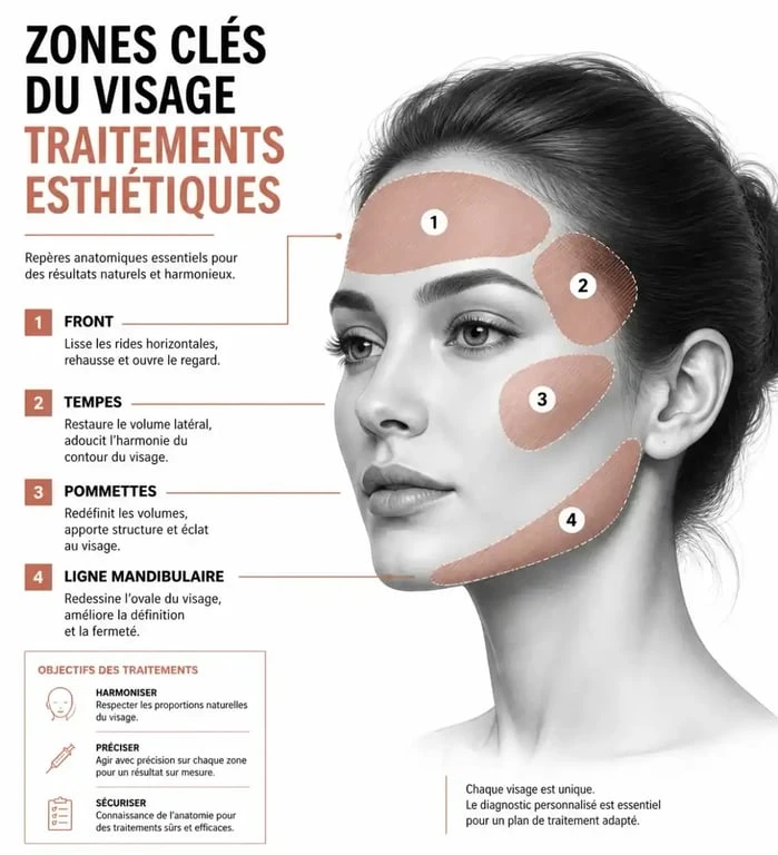 Schéma anatomique des zones du visage pour les soins esthétiques du visage