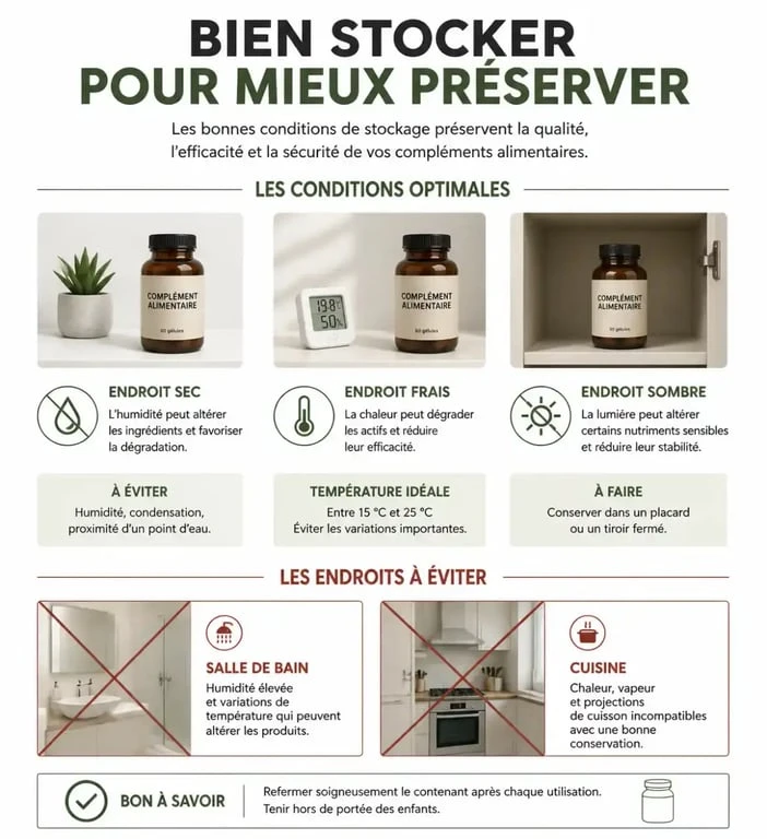 Infographie sur les bonnes pratiques de conservation des compléments alimentaires pour éviter le gaspillage