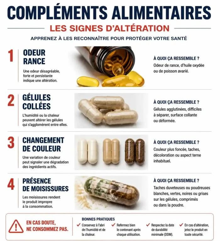 Infographie sur les signes d'altération des compléments alimentaires périmés pour savoir quand les jeter