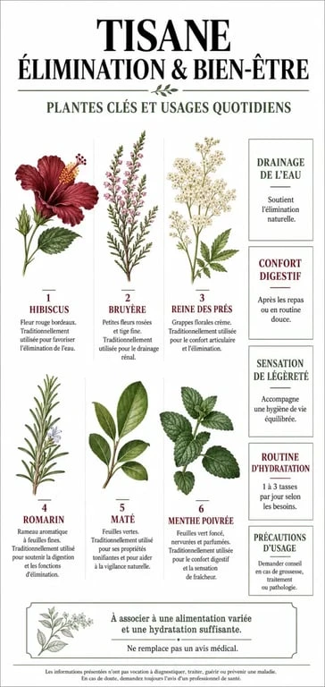 Infographie sur les bienfaits d’une tisane élimination et bien être avec plantes drainantes et conseils d’usage