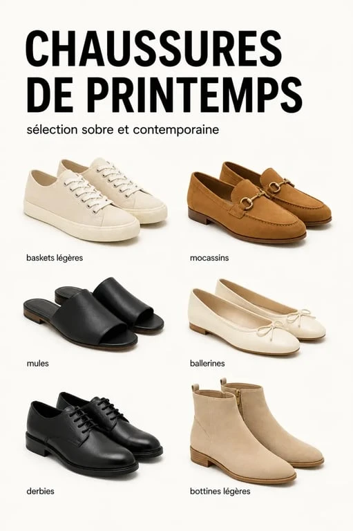 Chaussures printemps : sélection visuelle de baskets, mocassins, mules, ballerines et derbies pour la mi-saison