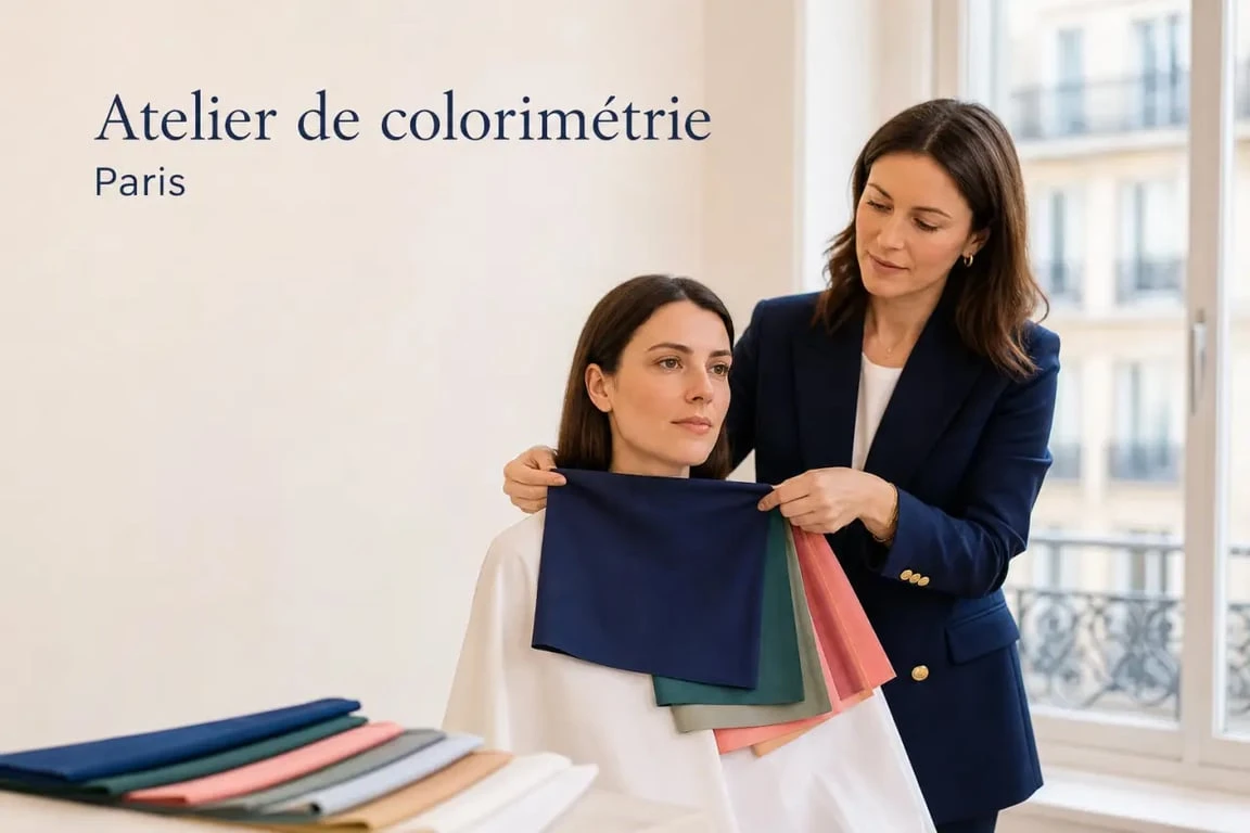 Atelier colorimétrie paris : séance de draping avec étoffes colorées près du visage pour choisir les couleurs qui valorisent le teint