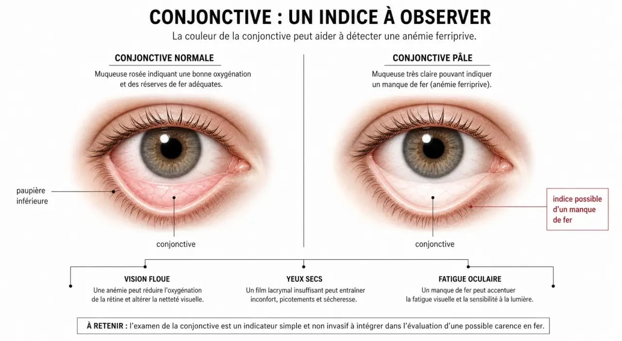 Schéma du manque de fer symptomes yeux montrant la paupière inférieure pâle et la conjonctive