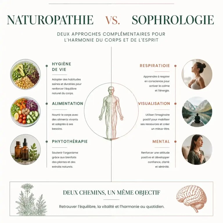 Infographie comparative entre la naturopathie et la sophrologie pour une reconversion professionnelle