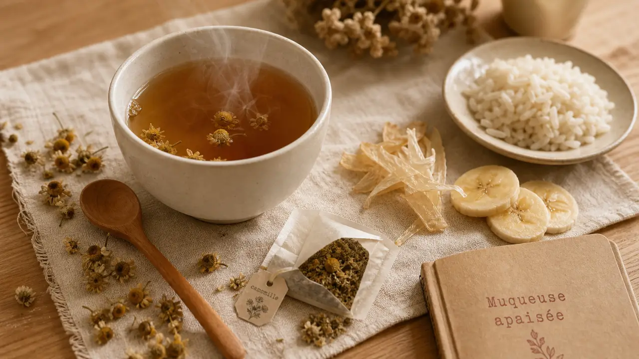 Gastrite remèdes naturels : tisane camomille tiède et aliments doux