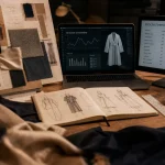Intelligence artificielle mode : bureau studio avec tissus et graphiques de vente