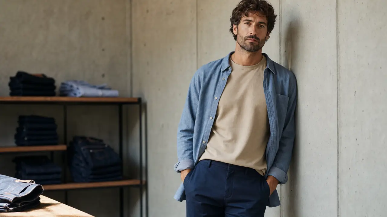 Looks homme casual chic workwear : tenue minimaliste en intérieur urbain