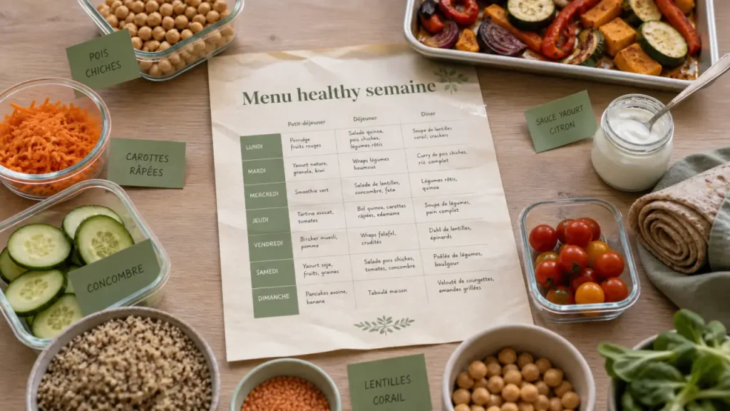 Menu healthy pour une famille : 7 jours simples, courses et batch cooking sans stress