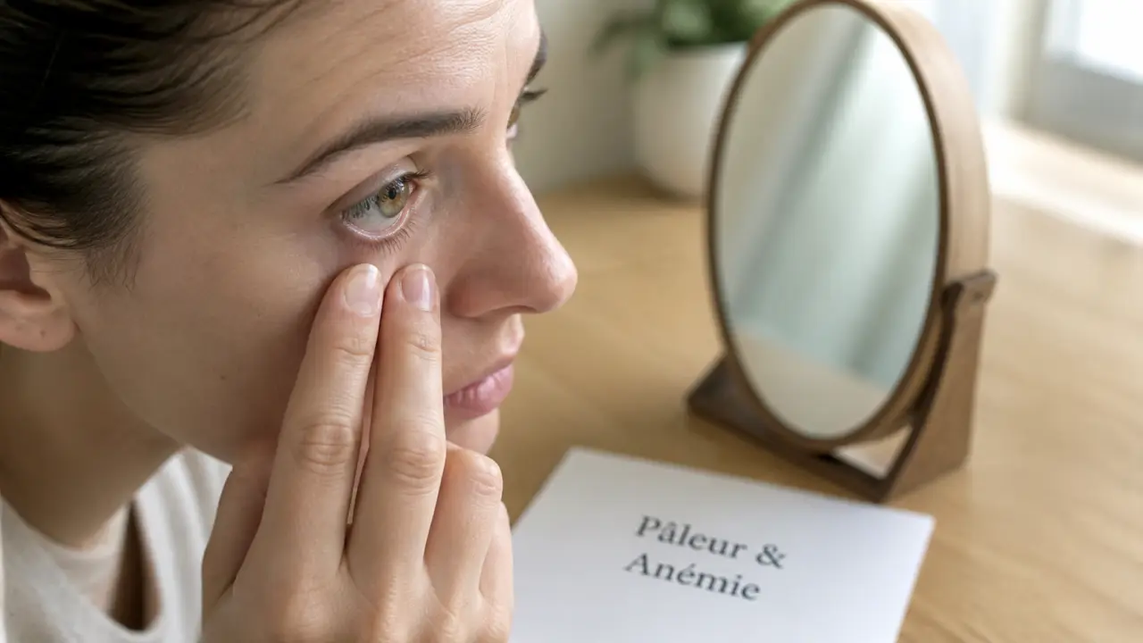 Paupière inférieure pâle : signe d’anémie des yeux (paupière fer)