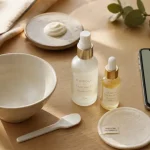Routine soin visage naturel, gestes matin et soir sur table de soins