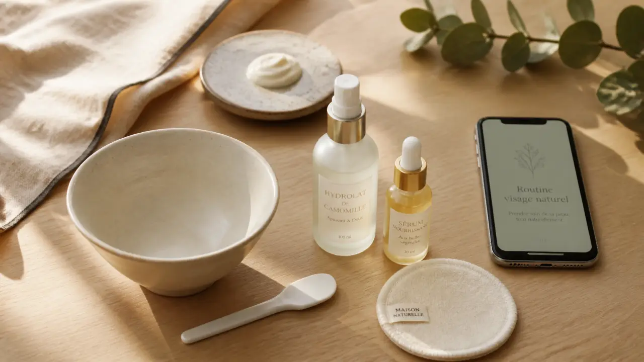 Routine soin visage naturel, gestes matin et soir sur table de soins