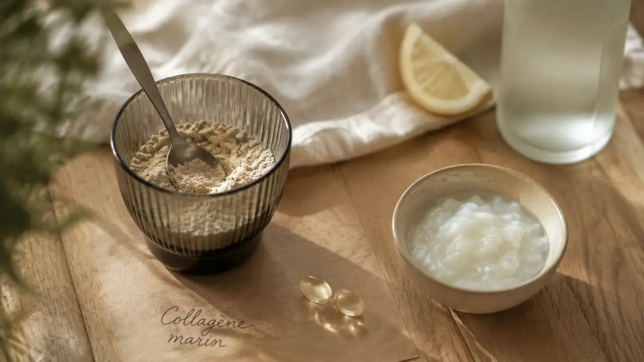 collagène marin anti-âge : poudre et gélules sur table