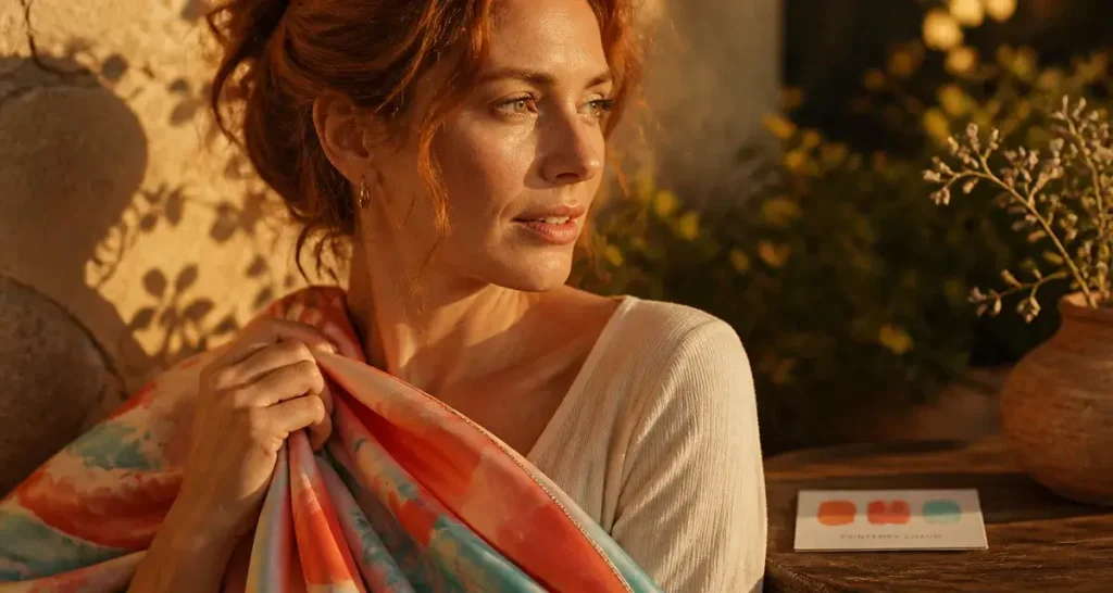 Colorimétrie printemps chaud : teintes solaires dorées, foulard corail et turquoise