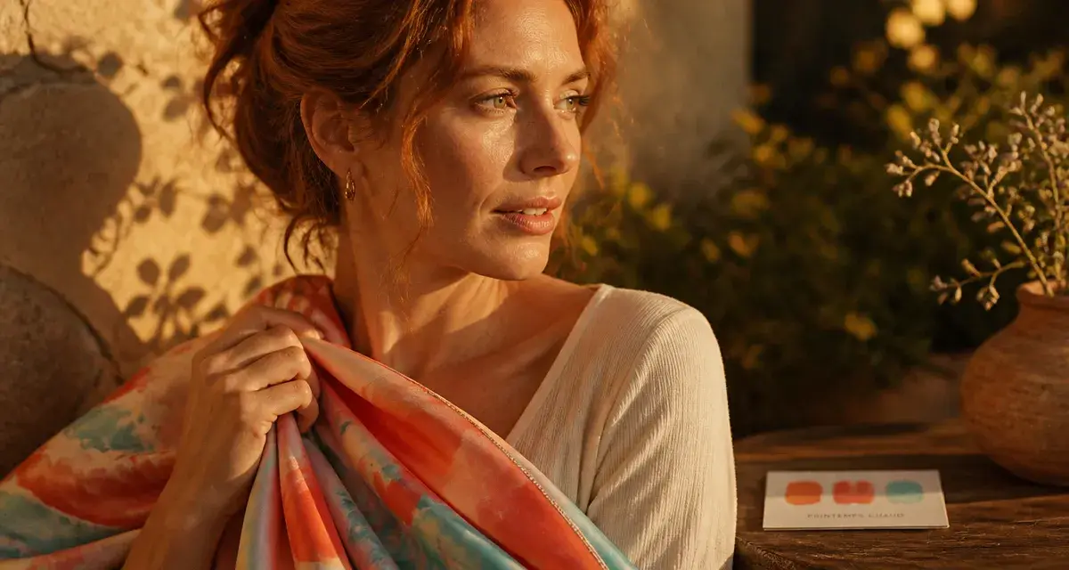 Colorimétrie printemps chaud : teintes solaires dorées, foulard corail et turquoise