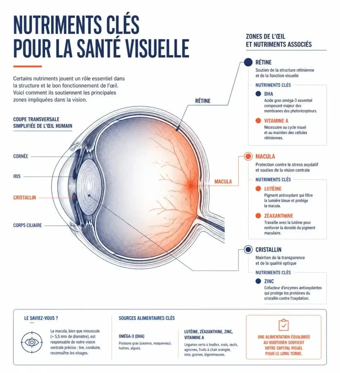 Infographie de l'œil montrant la rétine et la macula pour illustrer les compléments alimentaires yeux