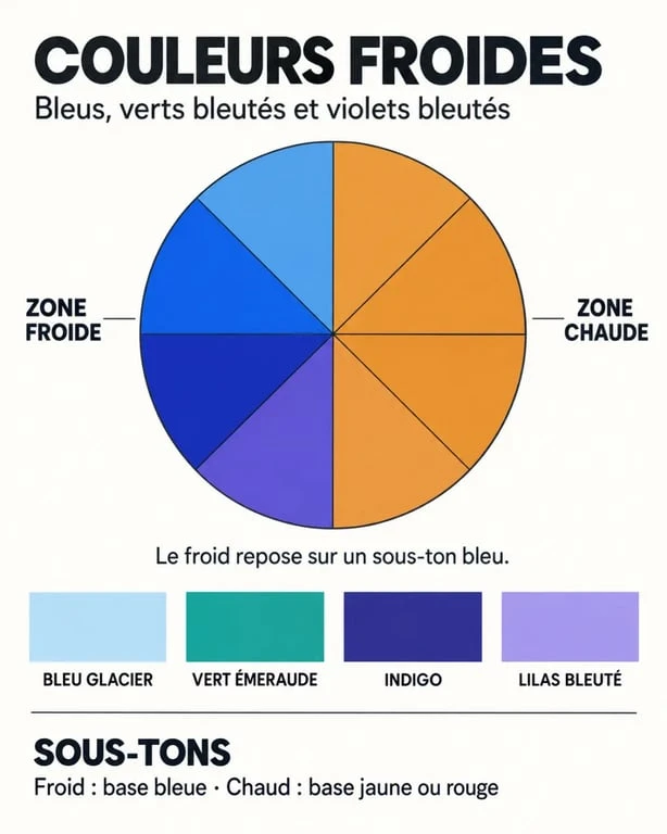 Quelles sont les couleurs froides : cercle chromatique et nuancier de bleus, verts et violets froids