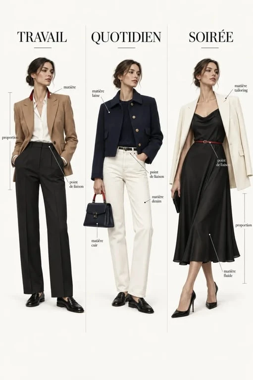 Trois silhouettes de mode italienne femme pour le travail, le quotidien et la soirée