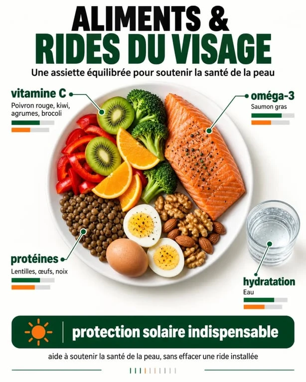 Aliments contre les rides du visage : assiette équilibrée avec fruits, légumes colorés, poisson gras, noix et légumineuses