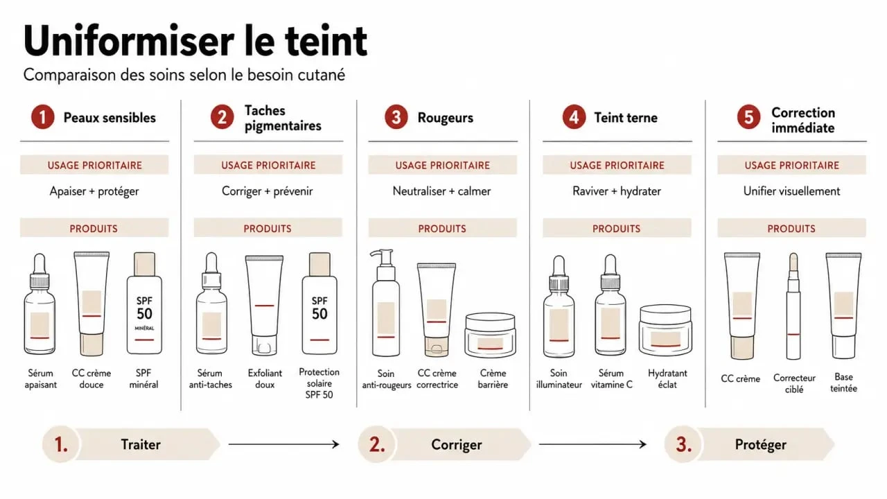 Comparaison des meilleures marques soins peau uniformité teint selon les besoins : taches, rougeurs, teint terne et correction immédiate