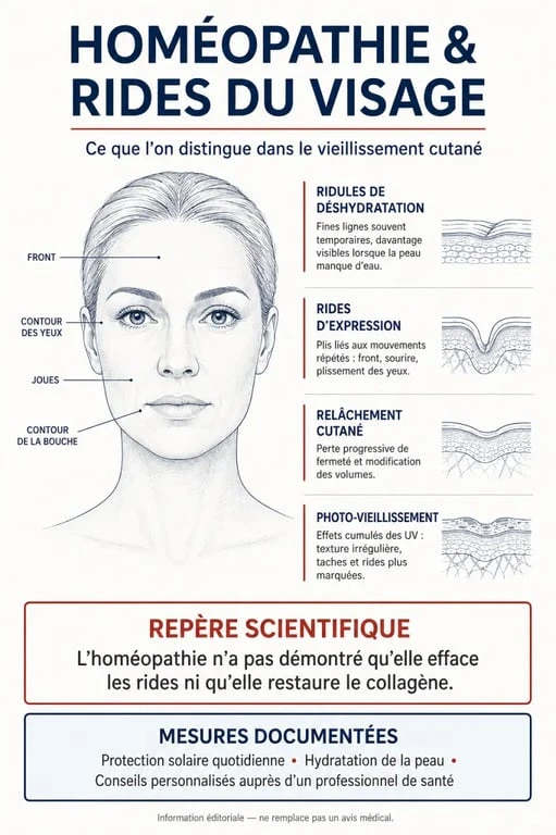 Infographie sur l’homéopathie pour les rides du visage et les différents signes du vieillissement cutané