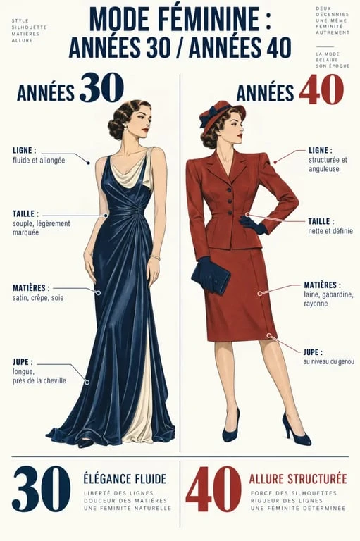 Infographie comparative de la mode féminine des années 30 et 40