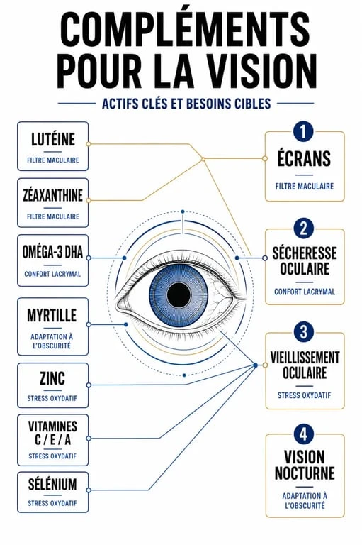 Compléments alimentaires vision : tableau des actifs clés selon le besoin oculaire