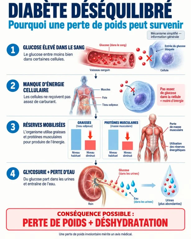 Infographie sur la perte de poid et diabete expliquant le rôle du glucose, de l'insuline et de la glycosurie