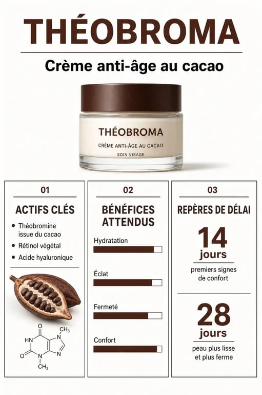 Theobroma crème anti âge avis : synthèse visuelle des actifs, bénéfices et délais de résultats