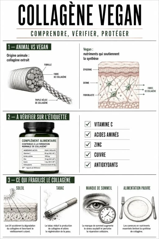 Collagène vegan : schéma éditorial des ingrédients clés et des facteurs qui soutiennent ou fragilisent le collagène