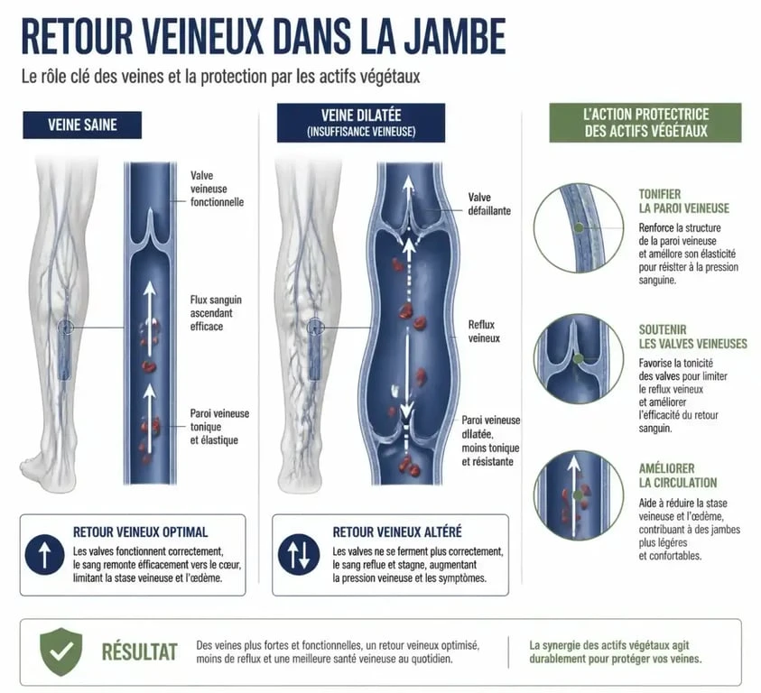 Schéma du mécanisme d'action d'un veinotonique naturel sur le retour veineux
