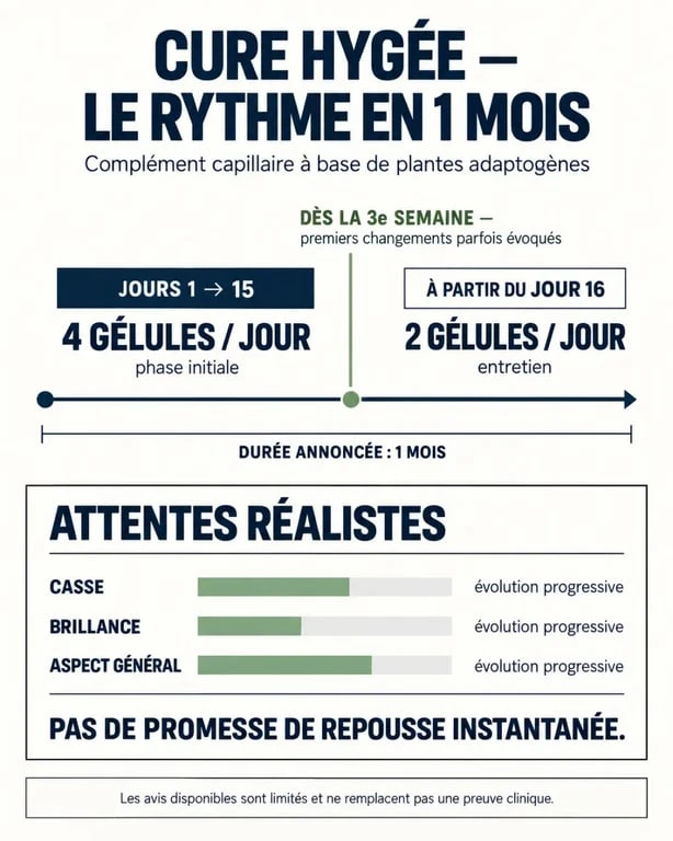 Avis sur Hygée et compléments alimentaires à base de plantes adaptogènes : schéma de la cure capillaire et des attentes réalistes