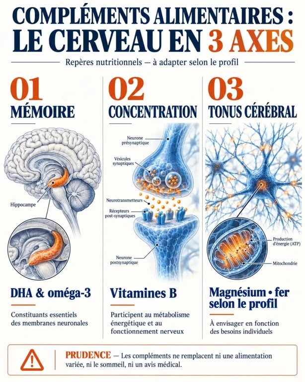 Compléments alimentaires pour le cerveau : nutriments associés à la mémoire, la concentration et le tonus cérébral