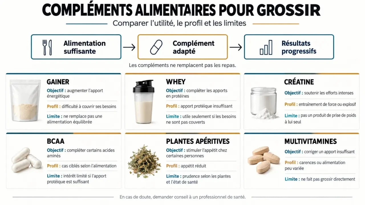 Infographie comparative sur les compléments alimentaires pour grossir selon l’objectif et le profil