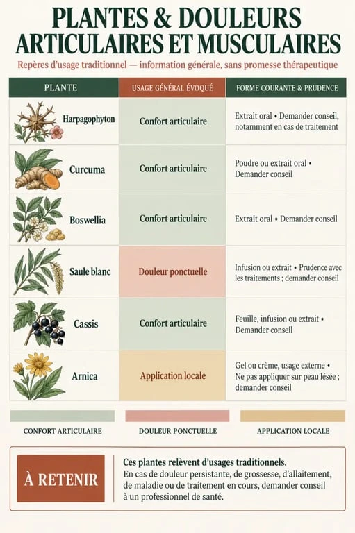 Infographie sur les plantes pour douleurs articulaires et musculaires, leurs formes d’usage et principales précautions