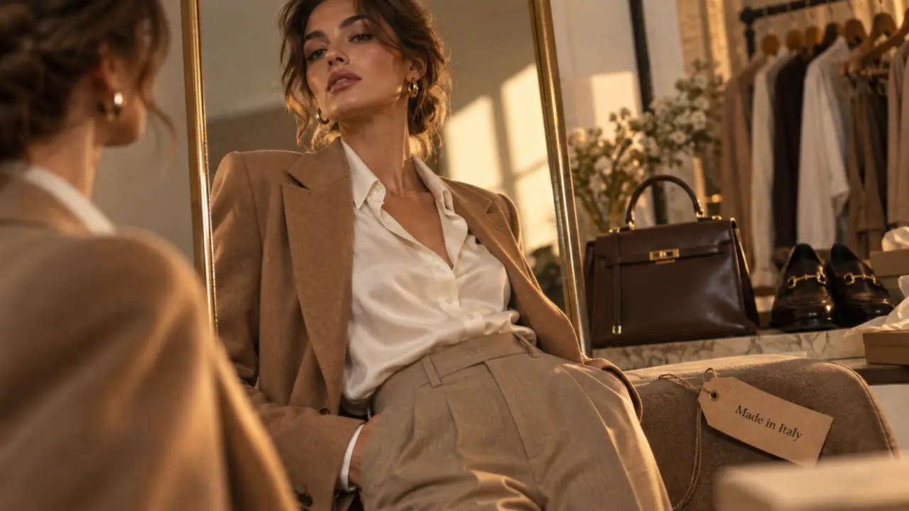 Mode italienne femme : blazer camel ajusté, matières et coupe