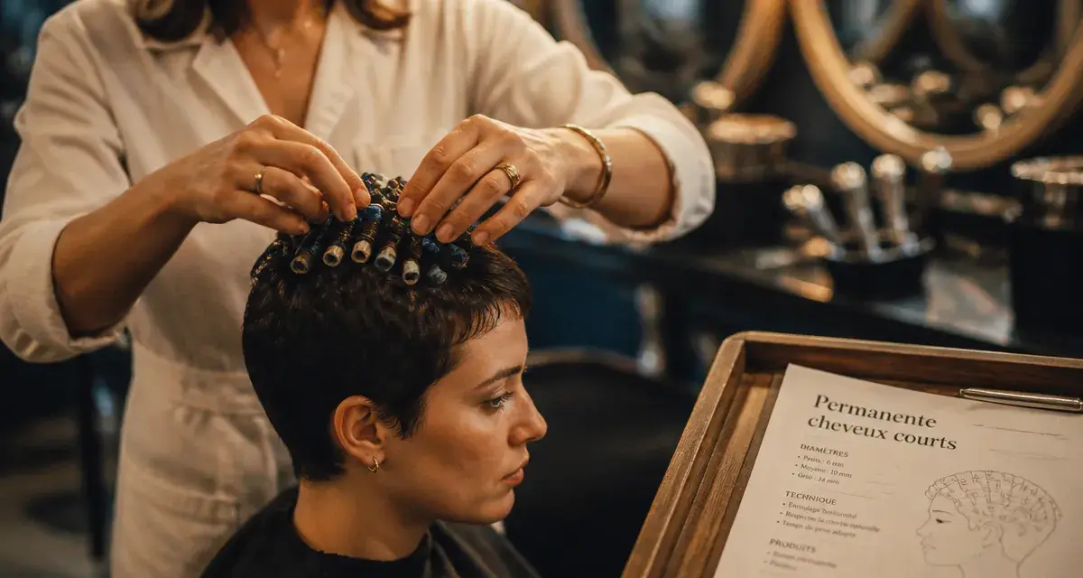 permanente cheveux court : coiffeuse pose bigoudis sur coupe pixie