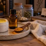 Plantes pour douleurs articulaires et musculaires : baume arnica, saule et curcuma sur table