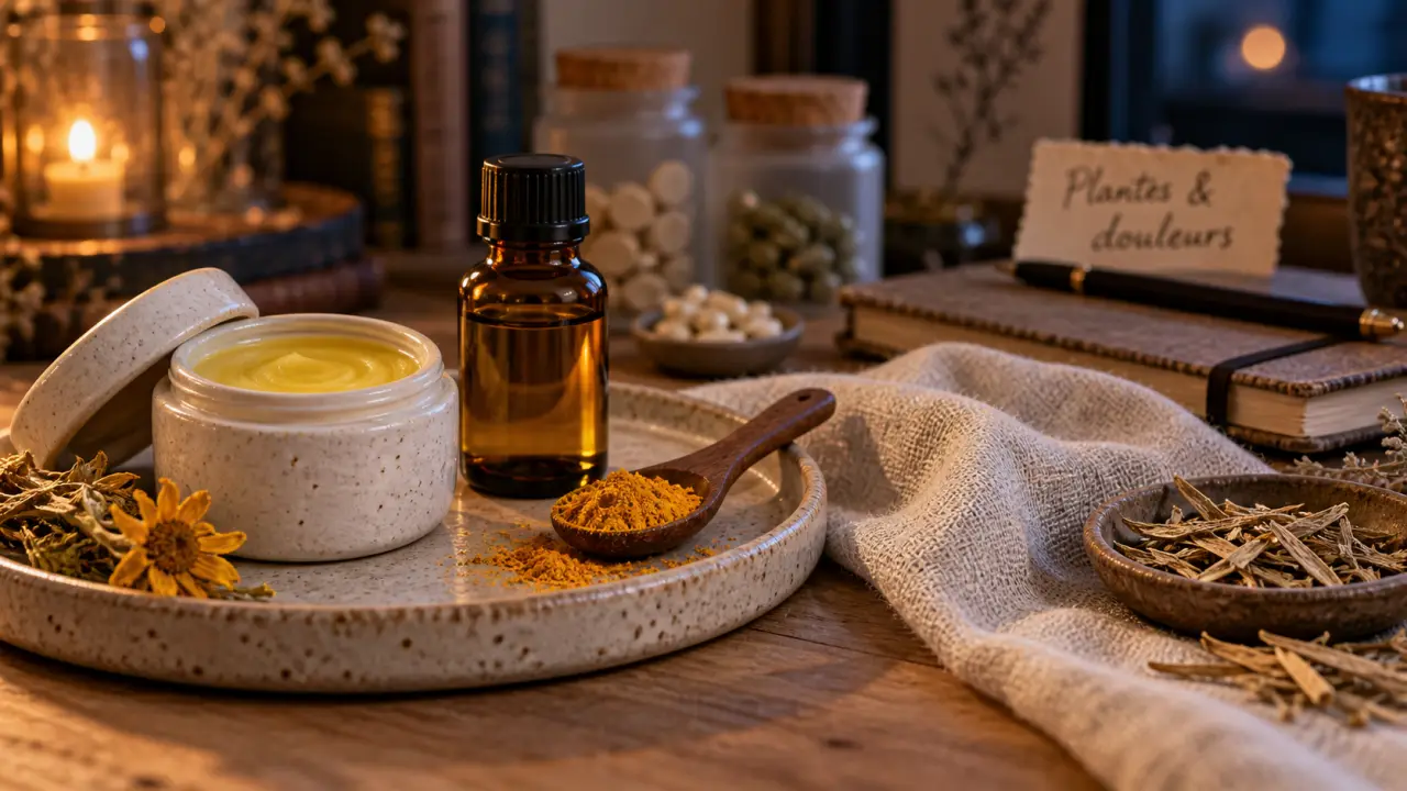 Plantes pour douleurs articulaires et musculaires : baume arnica, saule et curcuma sur table